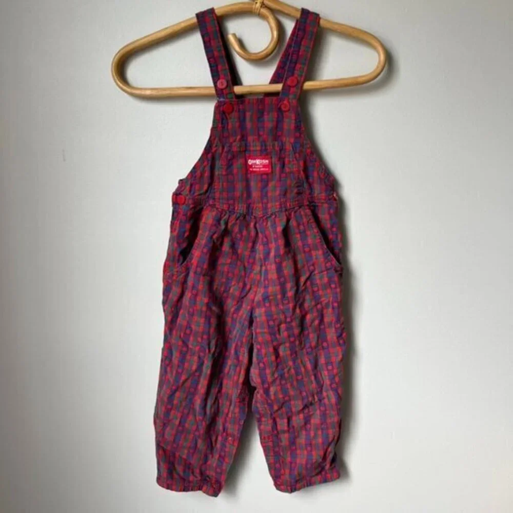 Vintage 1980s OshKosh B'Gosh VestBak Woven Plaid Red Apples Overalls Girls 4T